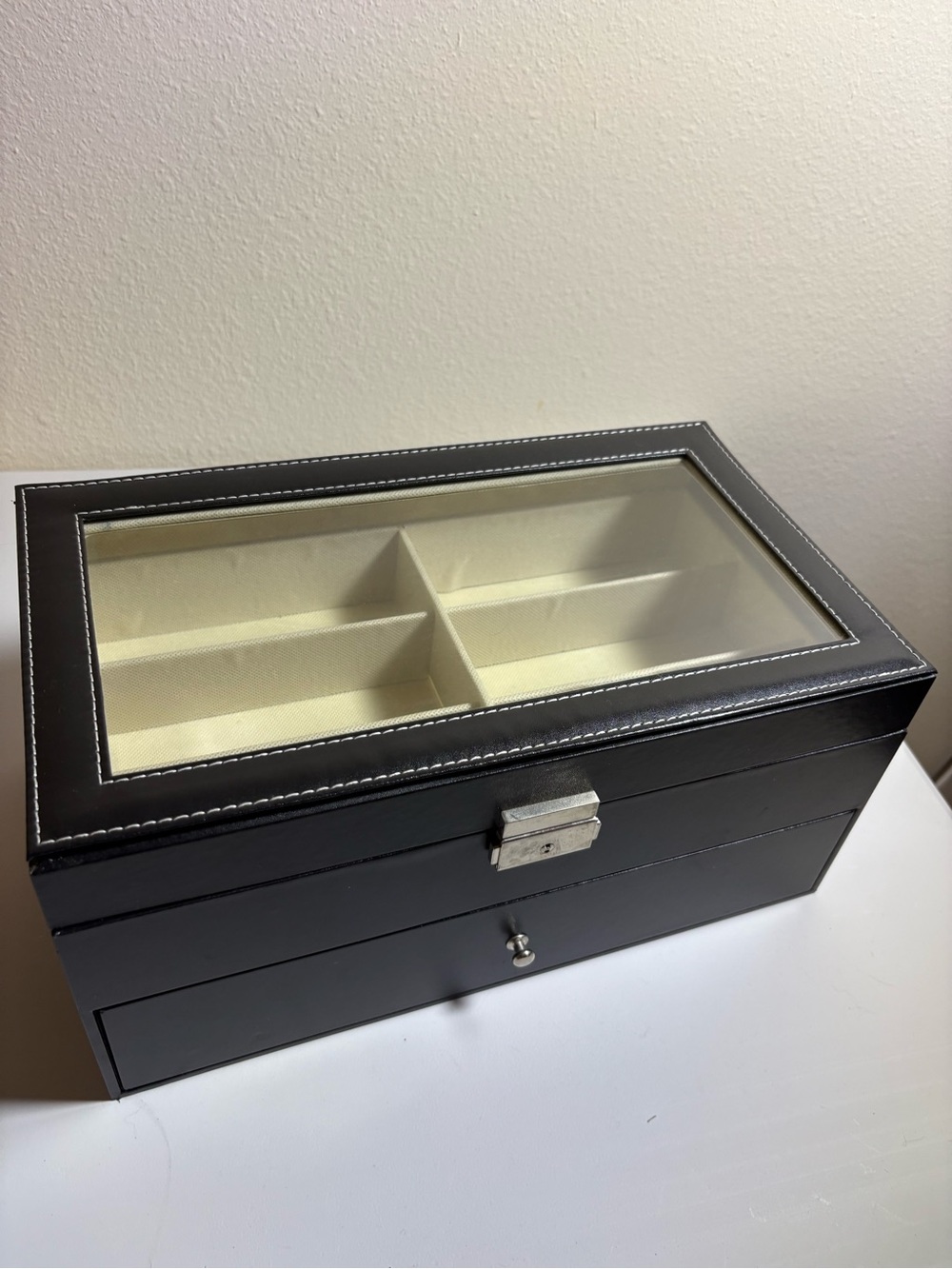 Black Jewelry Organizer Box with Glass Top and Drawer